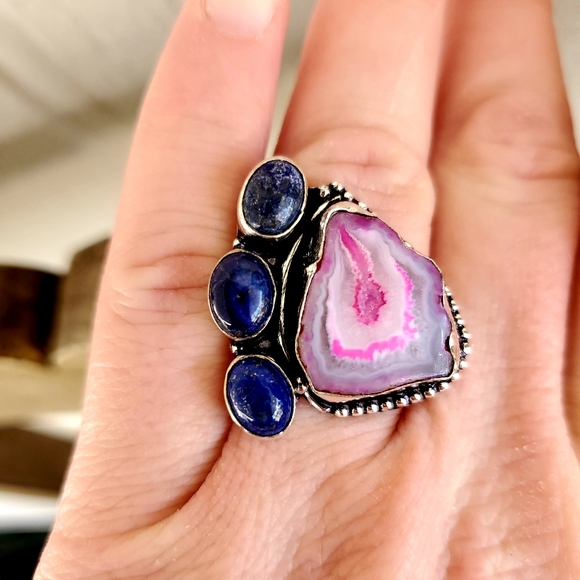 New Solar Agate & Lapis Lazuli 925 Silver Ring. - Picture 3 of 8